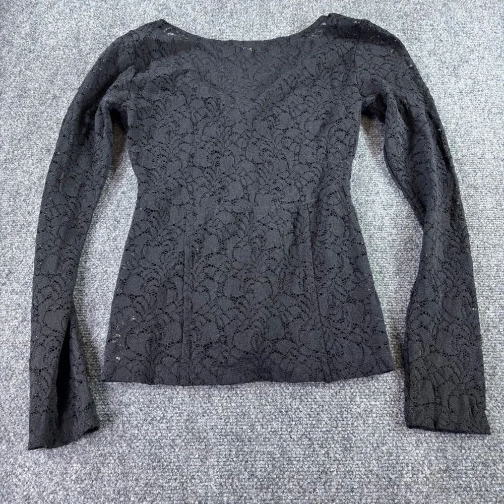 Free People Lace Top Womens S Black Tie Front V-Neck Long Sleeve Floral Boho
